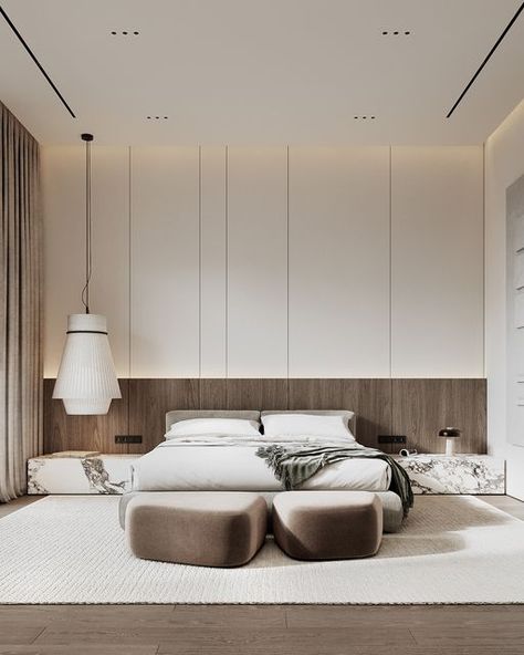 LEQB Architects* on Instagram: "Our QB/0263 master bedroom design is all about cozy vibes and smart lighting! Light walls, wood accents, and minimalist furniture create the perfect chill zone. Marble adds a touch of sophistication, while ceiling lights steal the show. The bed area gets a warm panel glow and a cool fabric pendant. Maximum comfort!   Impressed by what you see? QB hashtag reveals even more of our work.😍  Project: QB/0263 Room: Master bedroom Area: 41 sq.m. Furniture: @poliform_official bed / @flouspa pouf.  #leqb #leqbinteriors #qb0263" Minimalist Ceiling Design, Ceiling Design Modern Bedroom Interiors, Poliform Bedroom, Minimalist Interior Design Bedroom, Leqb Architects, Light Walls, Bedroom Ideas For Small Rooms Cozy, Interior Balcony, Modern Design Trends