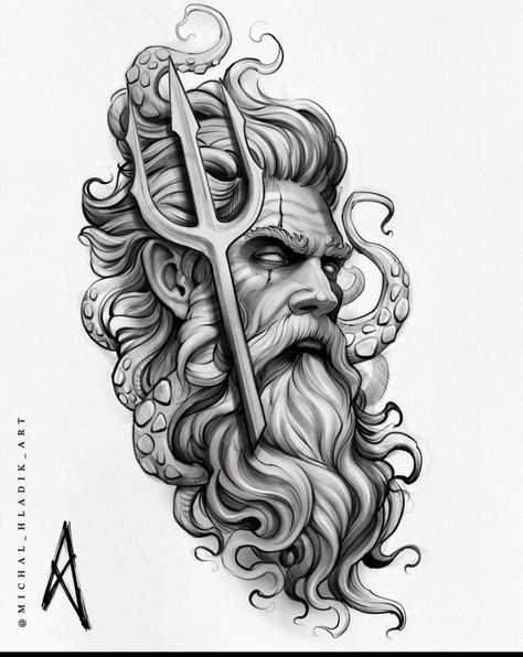 Poseidon Tattoo Stencil, Zues Tattoo Mythology, Zeus Tattoo Design, Voll Arm-tattoos, Half Sleeve Tattoos Sketches, Tato Maori, Greek God Tattoo, Poseidon Tattoo, Starověký Egypt