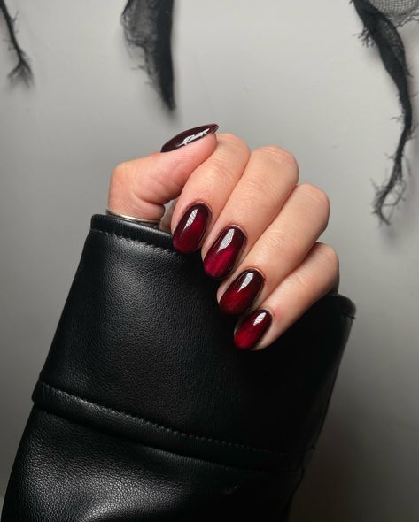 Vampire Red ❤️🖤 @heluviee started the most beautiful glass nails trend so you know I had to hop on it! My favorite vampy nails ever! Scroll for a surprise 🐈‍⬛ . . . @dndgel garnet red @kokoist blackest black Bevimee Magnetic Smooth Cat Eye . . . #nailart #nailarttutorial #nailvideos #nails #nailideas #nailinspo #naildesigns #diynails #nailtrends #manicure #uñas #mani #easynailart #simplenailart #portjefferson #longisland #longislandnailtech #fallnails #nailtech #nailart #vampy #halloween #hal... Black Cats Eye Nails Design, Black Cherry Cat Eye Nails, Red And Black Magnetic Nails, Cat Eyes Red Nails, Magnet Effect Nails, Black Magnet Nails, Deep Red Cat Eye Nails, Magnetic Nails Red, Black Glass Nails