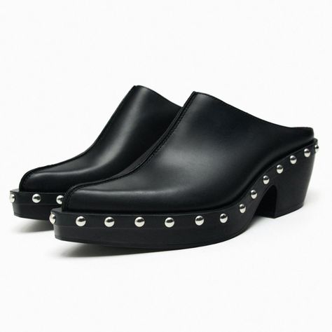 Nwt Black Studded Pointed Toe Leather Clogs, 8 Brand New Zara Studded Clogs In Black, 8 Pointy Toe, Block Heel (2.3in/5.8cm) Clogs W/ Studded Edge Detail 100% Cow Leather W/ 100% Polyester Lining, 100% Sbs Sole & 100% Polyurethane Insole Thanks For Looking!!! Zara Mules, Pink Kitten Heels, Sparkly High Heels, Studded Clogs, Pink Mules, Black Clogs, Studded Shoes, Zara Heels, Wooden Clogs