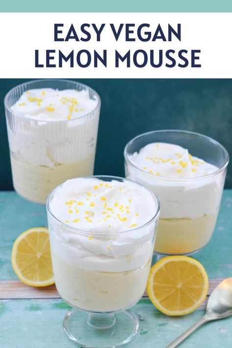 Dairy Free Mousse Cake, Vegan Lemon Desserts Easy, Dairy Free Mousse Recipes, Easy Lemon Mousse, Lemon Vegan Dessert, Vegan Lemon Posset, Vegan Desserts Easy Quick, Vegan Lemon Pudding, Vegan Lemon Mousse