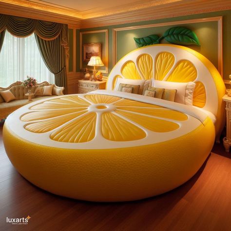 Lemon Inspired Bed 🍋🛏️🌿 #LemonBed #ZestySlumber #FreshComfort Drift into a state of citrusy relaxation with the Lemon Inspired Bed. Featuring vibrant yellow hues and a refreshing design inspired by the zesty fruit, this bed offers a bright and invigorating sleeping experience. Elevate your bedroom decor with the Lemon Inspired Bed, where every night feels as fresh and rejuvenating as a squeeze of lemon. 🌼🛏️🍋 https://luxarts.net/lemon-inspired-bed/ Lemon Furniture, Fruit Bedroom, Weird Beds, Food Furniture, Beautiful Bedroom Designs, Unique Furniture Design, Yellow Hues, Beautiful Bedroom, Unique Beds