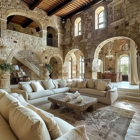 Italian House Interior Modern, Tuscany Style Home Exterior, Italian Villa Interior Living Rooms, Meditaranian Interiors Living Room, Italian Villa Style Home, Italian Villa Living Room, Italian Stone House, Tuscany House Interior, Italian Villa House