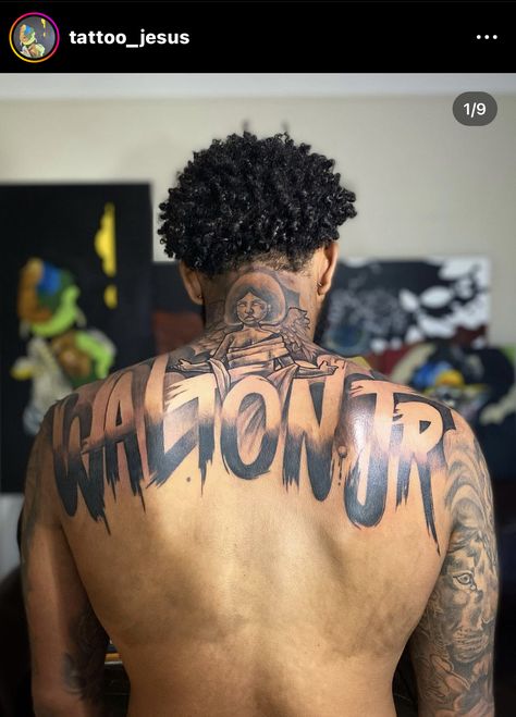 Back Tattoos For Guys Lettering, Portrait Chest Tattoo Men, Family Back Tattoos For Men, Last Name Tattoos For Men On Back, Chest Name Tattoo Men, Last Name Back Tattoos For Men, Lettering Back Tattoo, Full Stomach Tattoos Men, Lower Abdomen Tattoo Men