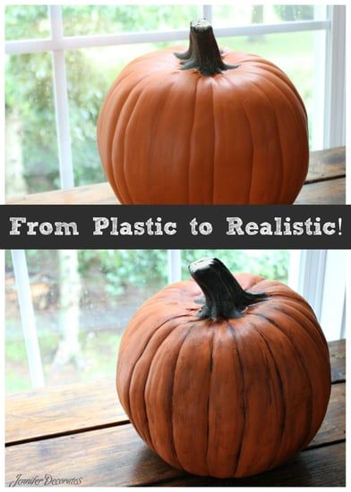 Image How To Age Plastic Pumpkins, How To Make A Fake Pumpkin Look Real, How To Carve Fake Pumpkins, Fake Pumpkins Outside, Paint Fake Pumpkins, Plastic Pumpkin Decorating Ideas, Plastic Pumpkins Crafts, Pumpkins Diy, Diy Pumpkins