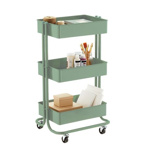 Sage Green 3-Tier Rolling Cart | The Container Store Usc Dorm, Sage Bedroom, Uni Dorm, Green Room Decor, Dorm Storage, Dorm Room Storage, Sage Green Bedroom, Dorm Inspo, Uni Room