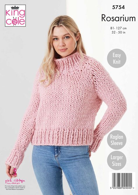 Ladies Round and Stand Up Neck Sweaters Knitted in King Cole Rosarium - 5754 - Downloadable PDF Knitting Clothes Patterns, Sweaters Knitted, King Cole, Knit Outfit, Pink Ribbon, Raglan Sleeve, Knitting Pattern, Neck Sweater, Stand Up