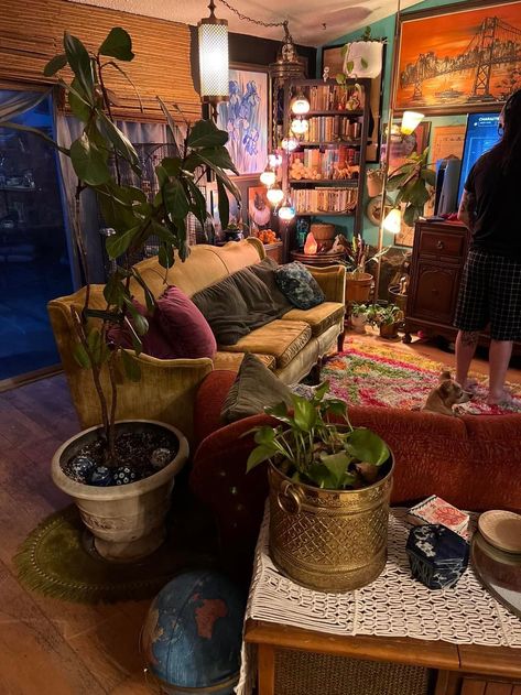 Eclectic Decor Maximalist, Maximalist Basement Ideas, Busy Interior Design, Hanging Decor Ceiling, Cottagecore Entertainment Center, Indie Apartment Aesthetic Living Room, 90s Whimsigoth Home, Cozy Maximalist Apartment, Studio Ghibli Apartment Aesthetic