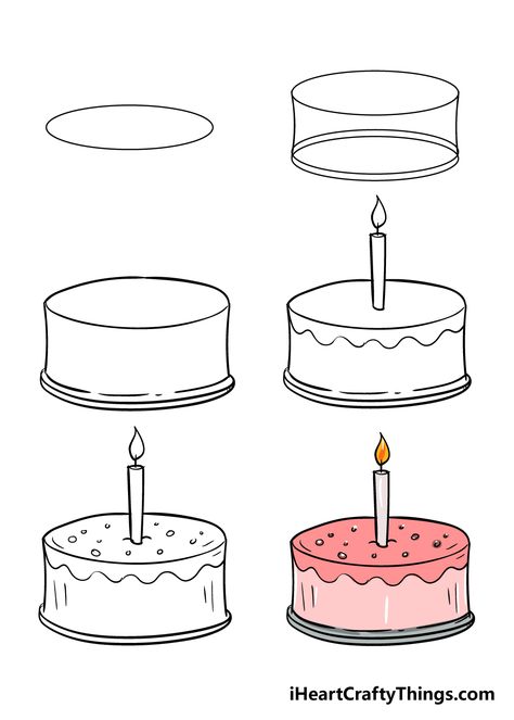 Drawing Cake Design, How To Draw A Cake Easy, Cake Drawing Reference, How To Draw A Cake Step By Step, How To Draw A Birthday Cake, Cake Sketch Drawings, Drawing Cake, How To Draw Desserts, Cake Drawing For Kids