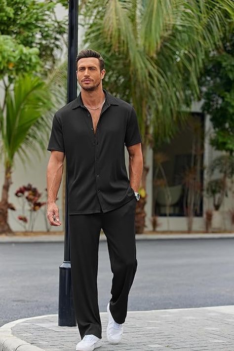 COOFANDY Men's 2 Piece Outfit Casual Short Sleeve Button Down Shirt Beach Summer Loose Pant Sets Short And Shirt Outfit Men, Loose Pants Outfit Men, Outfits Hombre Elegante Casual, Button Up Shirt Men Outfits, Black Style Men, Outfit Casual Short, Black Pants Outfit Men, Shape Aesthetic, Army Outfit