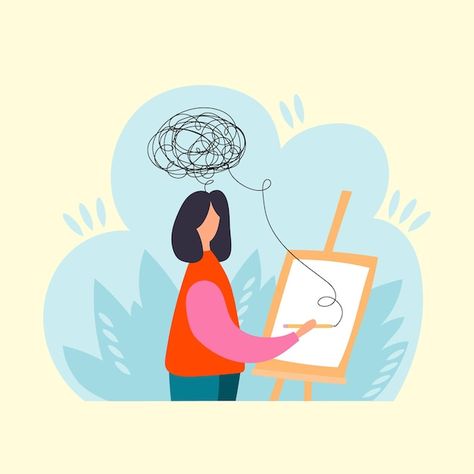 Art therapy. the girl is engaged in draw... | Premium Vector #Freepik #vector #psychology #creative-brain #mental-health #creative-mind Art Therapy Illustration, Psychology Art Creative, Phycology Aesthetic, Psychology Drawing, Drawing A House, Psychology Illustration, Therapy Illustration, Mental Therapy, Mindfulness Art