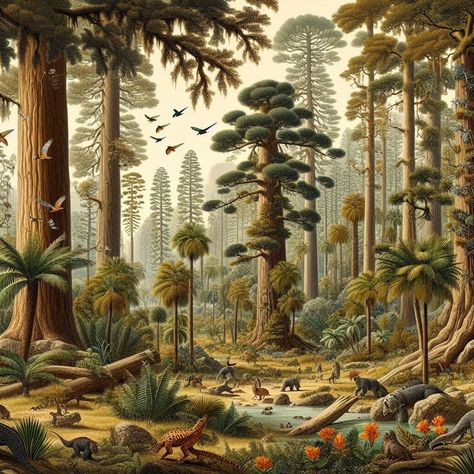 Prehistoric Wildlife Art, Prehistory Aesthetic, Paleoanthropology Aesthetic, Prehistoric Planet Art, Paleocore Aesthetic, Dinosaur Environment, Proterozoic Era, Prehistoric Jungle, Encyclopedia Illustration