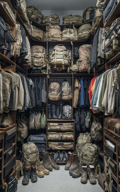 Merge outdoor aesthetics with tactical gear storage. 🌿 These army gear organization tips ensure your closet matches your adventurous lifestyle while keeping your gear ready for any outdoor activity. #TacticalGearStorage #ArmyGearOrganization #OutdoorTheme Army Gear Organization, Tactical Wear Aesthetic, Hunting Clothes Storage, Hunting Gear Closet, Survivalist Aesthetic, Hunting Gear Organization, Range Aesthetic, Tactical Room, Gear Room Organization