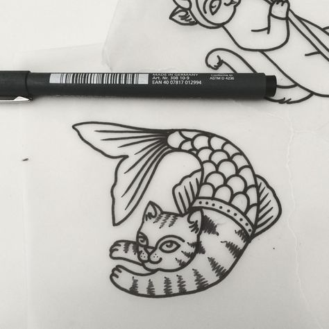 Traditional Cat Tattoo Flash, Simple Old School Tattoo Black, Cat Mermaid Tattoo, Traditional Fish Tattoo Old School, 4 Tattoo, Mermaid Tattoo, Tattoo Flash Art, School Tattoo, Great Tattoos