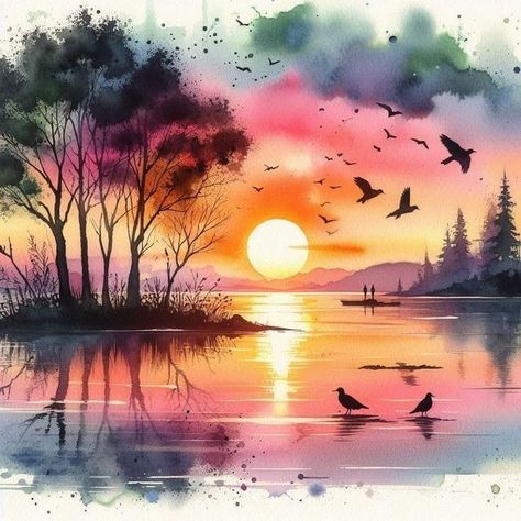 Watercolor Art Sunset, Painting Of Trees, Beginners Watercolor, Watercolor Practice, Sunset Over The Sea, Landscape Painting Watercolor, Watercolor Scenery, Moon Artwork, Calm Sea