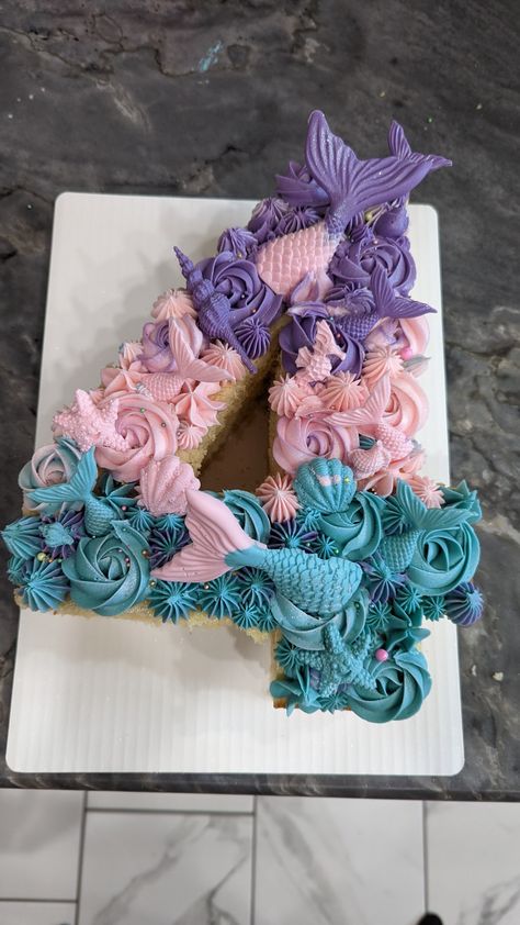 Mermaid Number Cake, Mermaid Cupcake Cake, Number 4 Cake, Mermaid Number, Number One Cake, Little Mermaid Cakes, Mermaid Theme Birthday Party, Mermaid Cupcakes, Mermaid Birthday Cakes