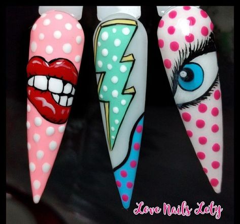 Uñas Comic Pop, Pop Art En Uñas, Nail Pop Art, Uñas Pop Art, Comics Nails, Pop Art Nails Designs, Pop Nail Art, Comic Nail Art, Comic Nails