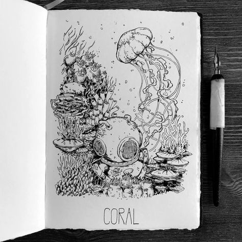 Stippling Ink Drawing Ink Ocean Drawing, Ink Fantasy Art, Drawings Of Coral, Ocean Bottom Drawing, Underwater Pen Drawing, Bottom Of The Sea Drawing, Coral Art Drawing, Ocean Ink Drawing, Sea Bottom Drawing