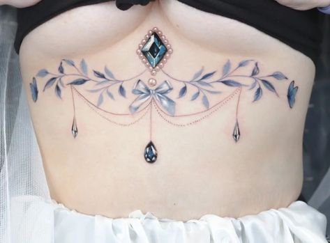 Gem Tattoo Design, Chest Tattoo Designs Female, Chandelier Tattoo, Jewelry Tattoo Designs, Gem Tattoo, Floral Thigh Tattoos, Jewel Tattoo, Dragon Tattoo For Women, Blue Tattoo