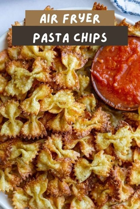 These easy air fryer pasta chips have been popular on tiktok and are so easy to make! Such a fun and delicious recipe! WHO knew that you could make cooked pasta crispy!? I was so skeptical of this recipe at first but it just works and is seriously really good! My new favorite snack! Serve with your favorite dip and ENJOY! Chips In The Air Fryer, Air Fryer Pasta Chips, Vegan Air Fryer Recipes, Air Fryer Pasta, Air Fryer Chips, Vegan Air Fryer, Fried Pasta, Dinners Healthy, Pasta Chips