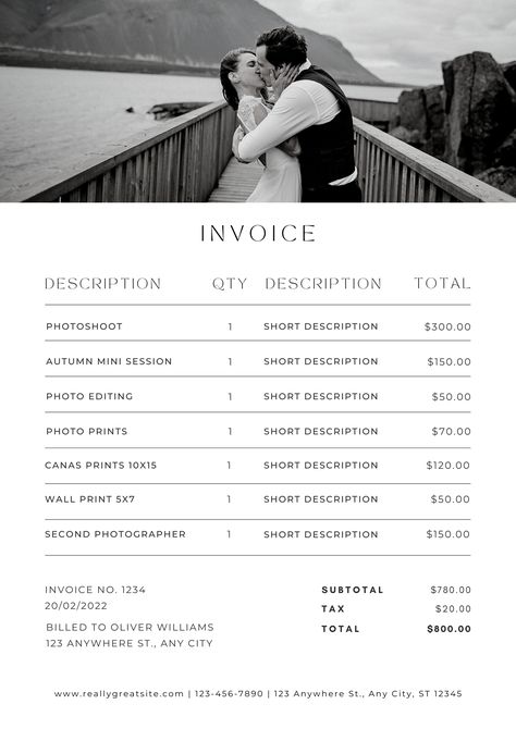 Editing your invoices is now easier than ever. This professional and simple invoice is easy to edit on Canva, so you can put your best foot forward. With this template, you'll be able to take your business to the next level! #canva #template #photography #invoice Photography Packages Ideas, How To Promote Photography Business, Photographer Business Plan, Photographer Essentials, Photography Invoice Template, Advertisement Ideas, Book Photoshoot, Photography Business Plan, Photography Invoice