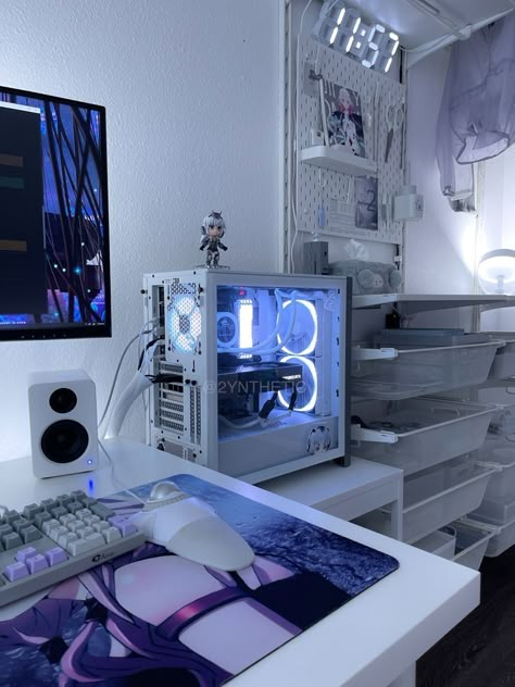 Cybercore Room, White Setup, Tech Room, Pc Setups, White Desk, Bedroom Setup, Gaming Setups, Room Redesign, Gaming Room Setup