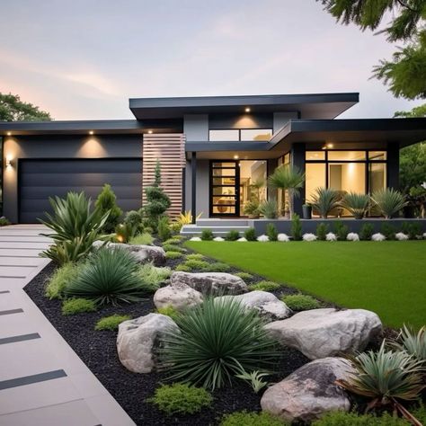 Front Home Landscaping Modern, Modern Desert Front Yard, Along Driveway Landscaping, Contemporary Landscape Design Front Yard, Modern House Driveway, Front Yard Landscaping With Driveway, Landscaping For Black House, Landscape Design Front Of House Modern, Modern Driveway Ideas Concrete