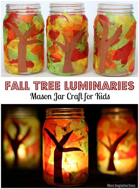 Mason Jar Fall Tree Luminaries Craft for Kids Mason Jar Craft, Mason Jar Luminaries, Toples Kaca, Tissue Paper Craft, November Crafts, Tissue Paper Crafts, Quotes Friends, Fun Fall Crafts, Fall Art Projects