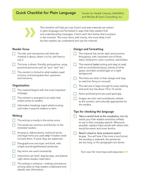 Quick Checklist for Plain Language                             Center for Health Literacy | MAXIMUS                       ... Plain Language, Health Literacy, Language Centers, Personal Pronouns, Making Connections, Short Words, Easy Reading, Child Life, Style Guide