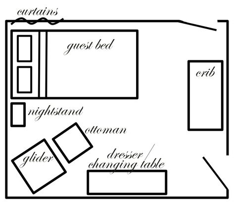 Corner Crib, Nursery Guest Room Combo, Murphy Bed Bookcase, Bed Layout, Shared Nursery, Nursery Layout, Nursery Guest Room, Bed Crib, Closet Bed