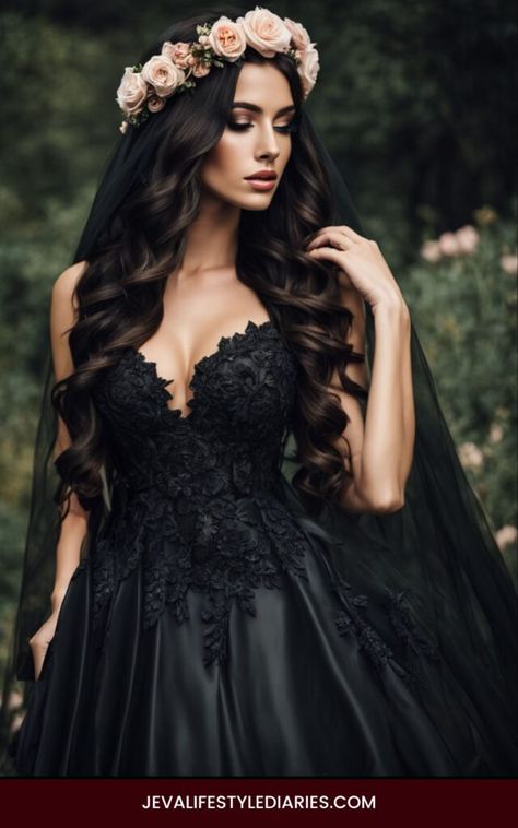 Bride Dress Black Veau, Gothic Wedding Dress With Fitted Bodice, Gothic Bride Crown, Black Boho Wedding Dress Veaul, French Vintage Black Goth Wedding Dress, Goth Wedding Dresses, Wedding Dress Aesthetic, Black Lace Wedding Dress, Dark Romantic Wedding