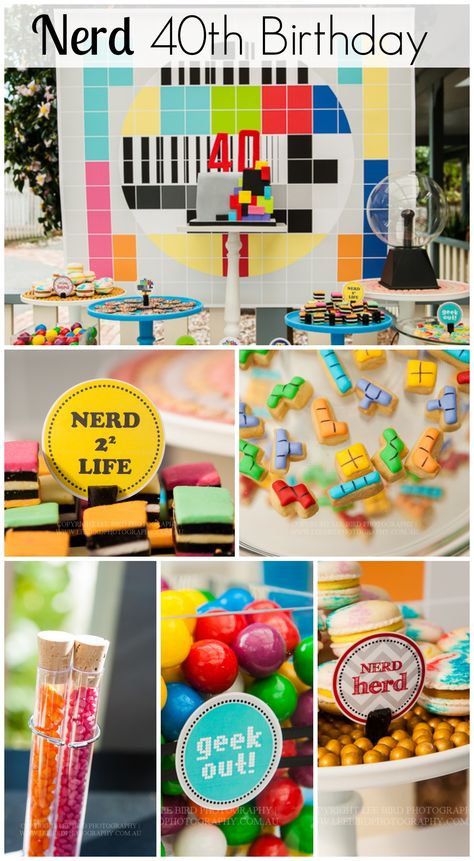 How about this nerd/geek 40th birthday party! Love the geeky cake and treats! See more party ideas at CatchMyParty.com. #nerd #geek #partyideas Geek Themed Party, Nerd Party Decorations, Nerd Birthday, Nerd Party, Geek Birthday, Geek Party, Mad Scientist Party, Science Birthday, Science Party