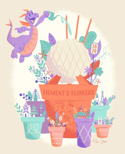 Figment's Flowers: art inspired by the Epcot International Flower and Garden Festival at Walt Disney World by Olivia Strohm Figment Party Ideas, Figment And Dreamfinder, Figment Disney Art, Epcot Illustration, Figment Aesthetic, Disney Paper Art, Figment Disney Wallpaper, Figment Birthday Party, Figment Wallpaper