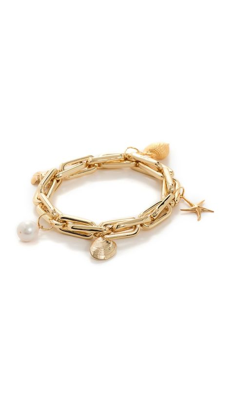 PRICES MAY VARY. Star, seashells, and floral charms, Chunky chain with polished finish, Elastic design, Freshwater cultured pearl Diameter: 2.25in / 6cm Linked Charm Bracelet Charm Bracelet Gold, Gold Girl, Chunky Bracelets, Stacked Jewelry, Bracelet Gold, Christmas Wishlist, Gold Charm, Bracelet Stack, Sea Shells