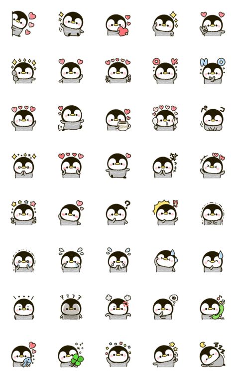 pen pen penguin – LINE Emoji | LINE STORE Kawaii Pose Reference, Penguin Doodle, Line Emoji, Cute Small Drawings, Penguin Drawing, Pen Pen, Kawaii Faces, Images Kawaii, Doodle Art Journals