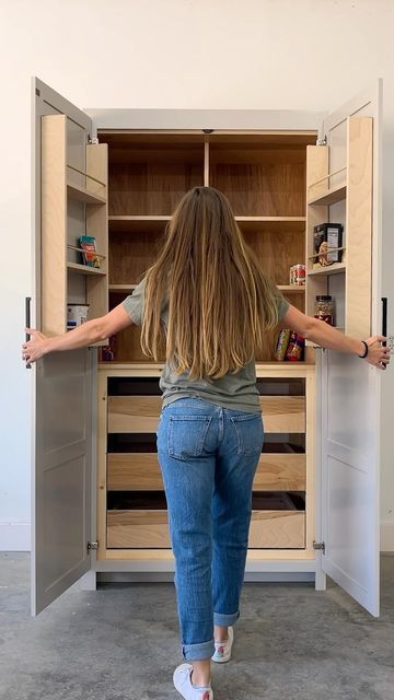 Woodshop Diaries | Shara on Instagram: "Extra storage in the kitchen is always a great idea. I’m excited to be sharing new plans and full build video for this large pantry cabinet that can be used as a stand alone or as part of a built in 🙌 
This has been on my to build list for years and I’m so glad it finally came to life. Comment PLANS for a link to the build plans! #kitchenstorage #kitchenpantry #pantrydesign #diywoodworking #diyfurniture" Pantry Building Plans, Pantry Cabinet In Bathroom, Large Pantry Cabinet, Pantry Kitchen Cabinets, Stand Alone Kitchen Pantry, Stand Alone Pantry, Woodshop Diaries, Food Pantry Cabinet, Kitchen Built Ins