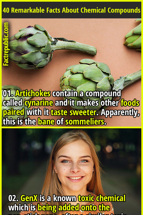 01. Artichokes contain a compound called cynarine and it makes other foods paired with it taste sweeter. Apparently, this is the bane of sommeliers. #chemical #science #knowledge #education #food #health #fitness #humanbody #teens #women #female #woman #girl Chemistry Facts, Molecular Geometry, Weird Laws, Food Chemistry, Science Knowledge, Chemical Science, Chemical Compounds, Fact Republic, Interesting Science Facts