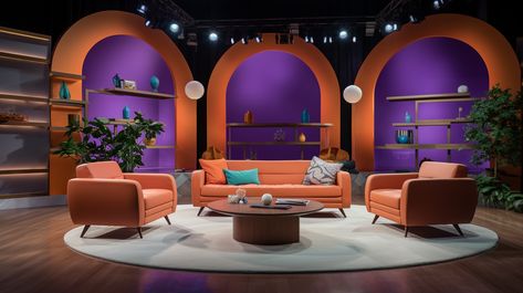 Set Design Talk Show, Television Set Design, Youtube Set Design Ideas, Talk Show Set Design Studios, Talkshow Set Design, Tv Studio Set Design Ideas, Content Creation Room, Talk Show Set Design, Podcast Set Design