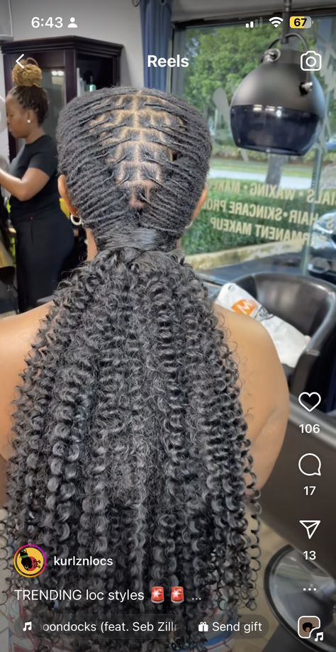 Twisted Back Loc Styles, Locs Low Ponytail Styles, Half Up Half Down Over Locs, Curly Loc Ponytail Styles, Low Ponytail Loc Styles, Braided Ponytail With Locs, Locs With Curly Weave Ponytail, Big Hairstyles For Black Women, Homecoming Hairstyles Locs