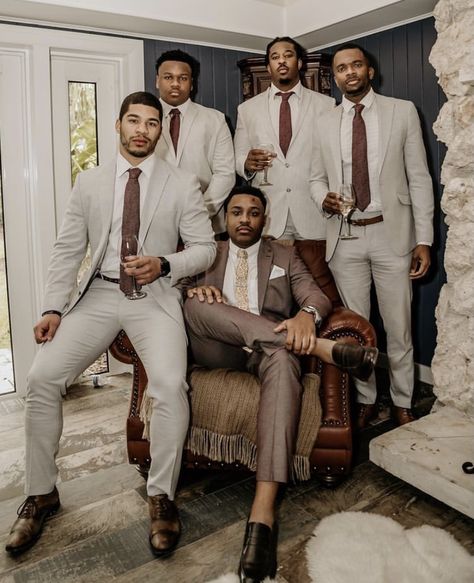 Men Groomsmen Outfits, Grey And Brown Groomsmen Attire, Shades Of Brown Groomsmen Suits, Brown Colored Wedding, Earth Tones Groomsmen, Wedding Brown Theme, Groomens Attire, Brown Beach Wedding, Groomsmen Aesthetic