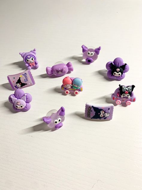 Clay Kuromi, Kuromi Crocs, Kuromi Jibbitz, Sanrio Croc Charms, Kuromi Croc Charms, Purple Crocs, Crocs Fashion, Croc Charms, Polymer Clay Crafts