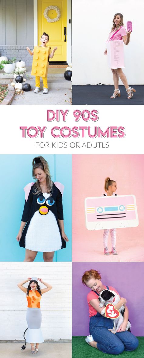 20 DIY 90s Toy Costumes for Halloween // Still need a Halloween costume? Try one of these nostalgic DIY 90s costumes based on childhood toys and games! #diycostume #halloween #diyhalloween #90s #adultcostumes #kidscostumes Toy Costume Ideas For Kids, Diy Halloween Costumes 90s, Toy Costume Ideas For Adults, 90s Toy Halloween Costume, Diy Toy Costumes Ideas, Toy Costumes Diy, Childhood Toy Costume Ideas, 90s Throwback Halloween Costumes, Creative 90s Costumes