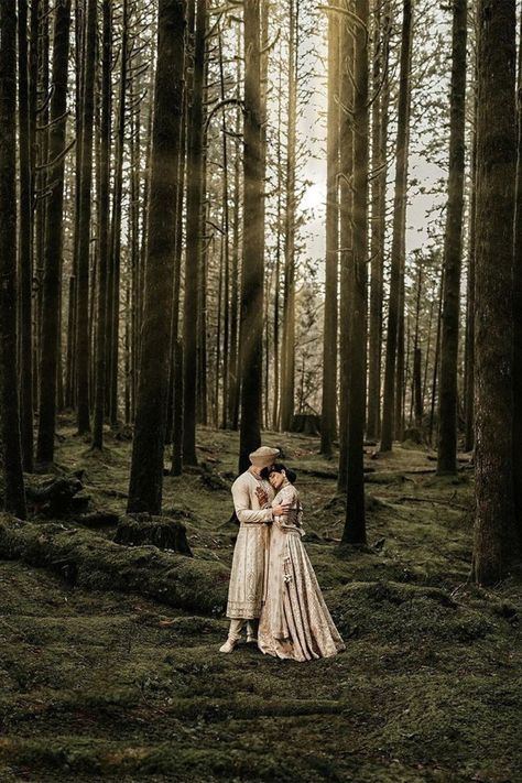 Forest Indian Wedding, Outdoor Photography Poses, Photography Poses For Couples, Pnw Forest, Sikh Wedding Photography, Mountain View Weddings, Poses For Couples, Groom Photoshoot, Bride Attire