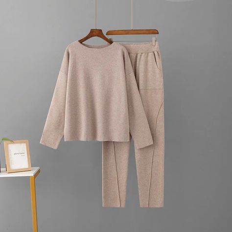 Sweater Sets Womens, Two Pieces Set Outfits, Knit Two Piece Set, Wide Leg Pant Suit, Mid Waist Pants, Pose Fotografi, Winter Knit Sweater, Solid Color Sweater, Matching Sweaters