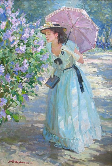 The smell of lilacs, Alexandr Averin Purple, Design, Flowers, Umbrella, A Woman, Canvas Painting, Canvas, Blue, White