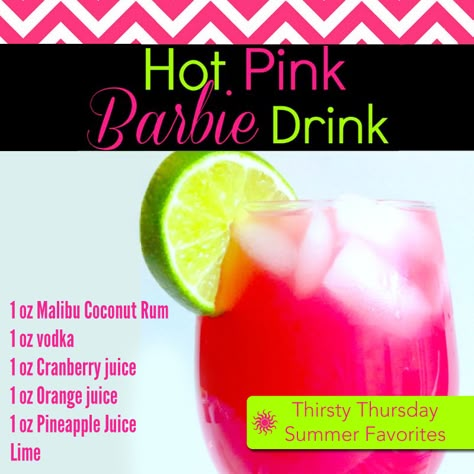 Pink Drinks Alcohol, Pink Alcoholic Drinks, Barbie Drink, Girls Night Drinks, Hot Pink Barbie, Fun Drinks Alcohol, Cocktail Drinks Alcoholic, Mixed Drinks Alcohol, Yummy Alcoholic Drinks