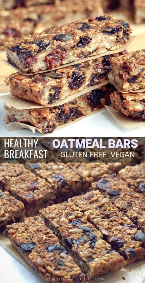 Healthy oatmeal breakfast bars (gluten free, vegan) recipe made by using a mixture of gluten free rolled oats and dried fruits. Soft and chewy – no chocolate and no sugar added. Great for a to-go breakfast or healthy snack, kids will love them too. This healthy oatmeal breakfast bars are perfect for your clean eating and vegan diet. Vegan Oatmeal Bars, Baked Oatmeal Breakfast Bars, Gluten Free Oatmeal Bars, Rolled Oats Breakfast, Homemade Oatmeal Bars, Easy Healthy Oatmeal, Healthy Oatmeal Bars, Oatmeal Breakfast Bars Healthy, Oat Bars Healthy