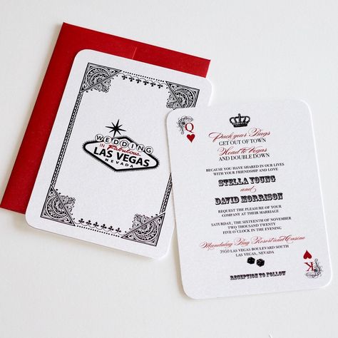 "Stella Las Vegas Wedding Invitation - Playing card style Invitation - Perfect for a Vegas Wedding, Casino Themed Party or Corporate Event. Colors and Wording can be customized. Invitation Size is 4\" x 5 1/2\" - Printed on White Metallic Cardstock - Double sided with rounded corners and White or Red metallic envelopes.  $2.75 each RSVP Card with Reply envelope is 3.5\" x 5\" - Printed on White metallic card stock - Single sided with rounded corners and White or Red metallic envelopes. $1.50 eac Las Vegas, Playing Card Invitation, Casino Themed Party, Las Vegas Wedding Reception, Vegas Wedding Reception, Vegas Wedding Invitations, Las Vegas Wedding Invitations, Vegas Themed Wedding, Vegas Theme