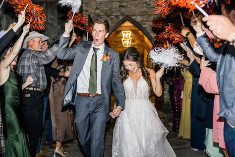 We exited with blue and orange Auburn shakers / pompoms. Such a great wedding exit idea instead of sparklers. #weddingideas Auburn Wedding, Wedding Exits, Auburn, Wedding Bells, Wedding Inspo, Pom Pom, Victorian Dress, Blue