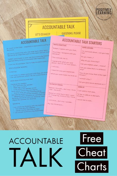 Accountable Talk Free Printables for teachers and students. Add these to your daily conversations. From Positively Learning Blog #accountabletalk #studentdiscourse Accountable Talk Anchor Chart, Accountable Talk Stems, Higher Order Thinking Questions, Accountable Talk, Sentence Stems, Co Teaching, Classroom Discussion, Inclusion Classroom, Sentence Starters